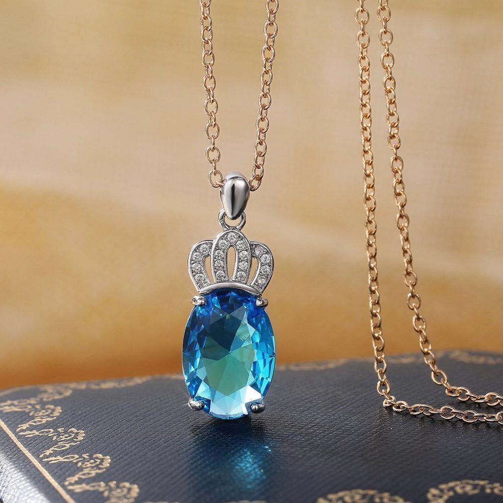 🔥 Oval Gemstone Crown Silver Plated Pendant Necklace for Women, EVGG1114